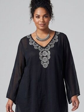ALFANI Black Silver Embroidered V-Neck Blouse Size 16W